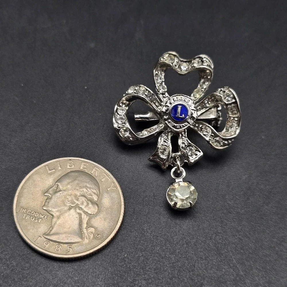Vintage Lion's Club Rhinestone Bow Brooch Silver Tone